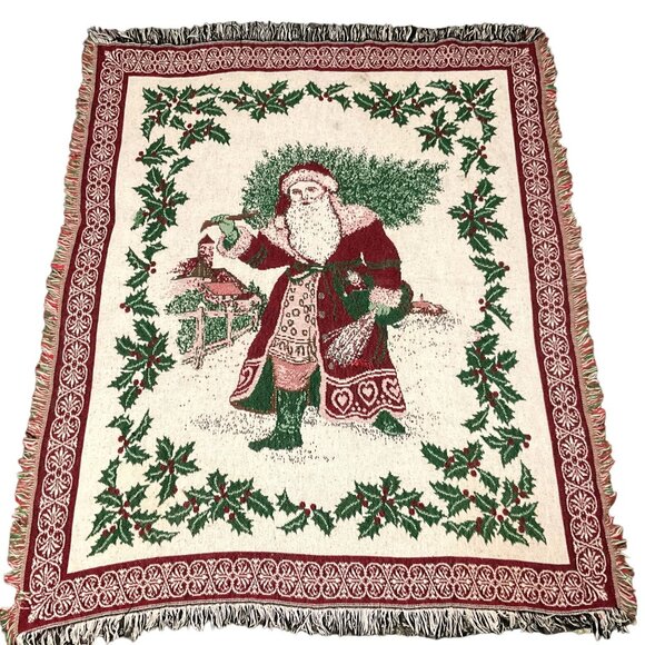 VTG CHRISTMAS SANTA CLAUS TAPESTRY THROW BLANKET KRIS KRINGLE POINSETTIA 56 X 48